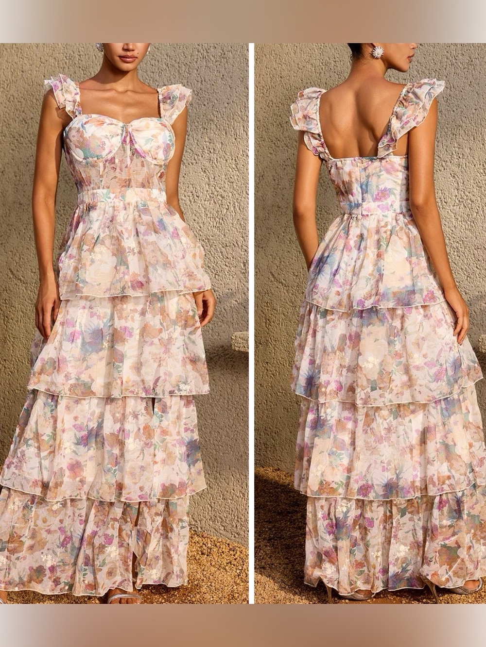 B L I T H E L A Floral Tiered Ruffle Maxi Dress in Pastel Floral Small